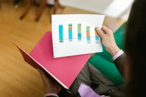 A hand holding a sheet of paper displaying a bar chart
